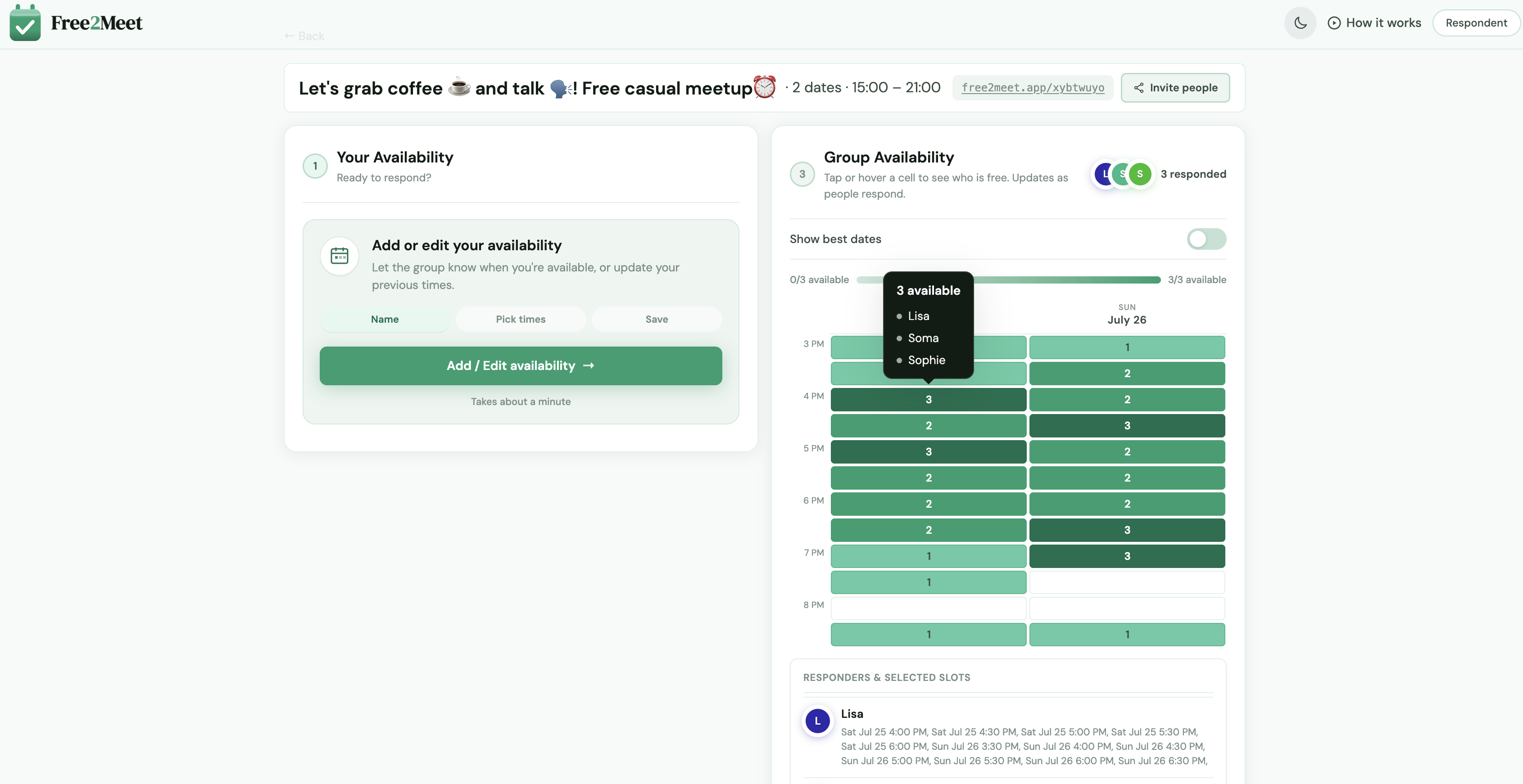 Group scheduling heatmap with darker green showing more overlap and a best-times banner
