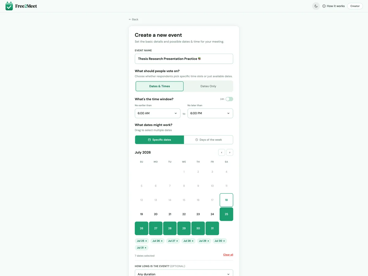 Creating a group scheduling poll on Free2Meet