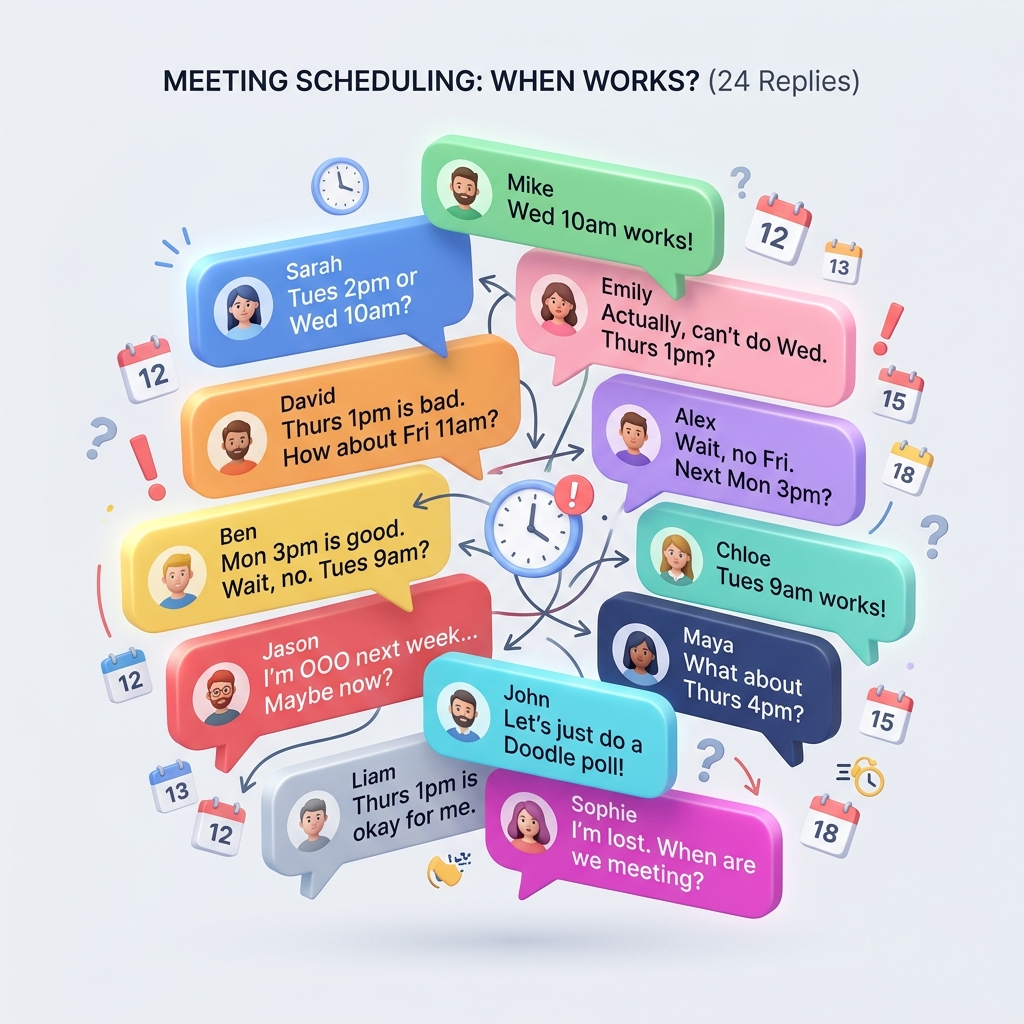 Chaotic email thread trying to schedule a group meeting