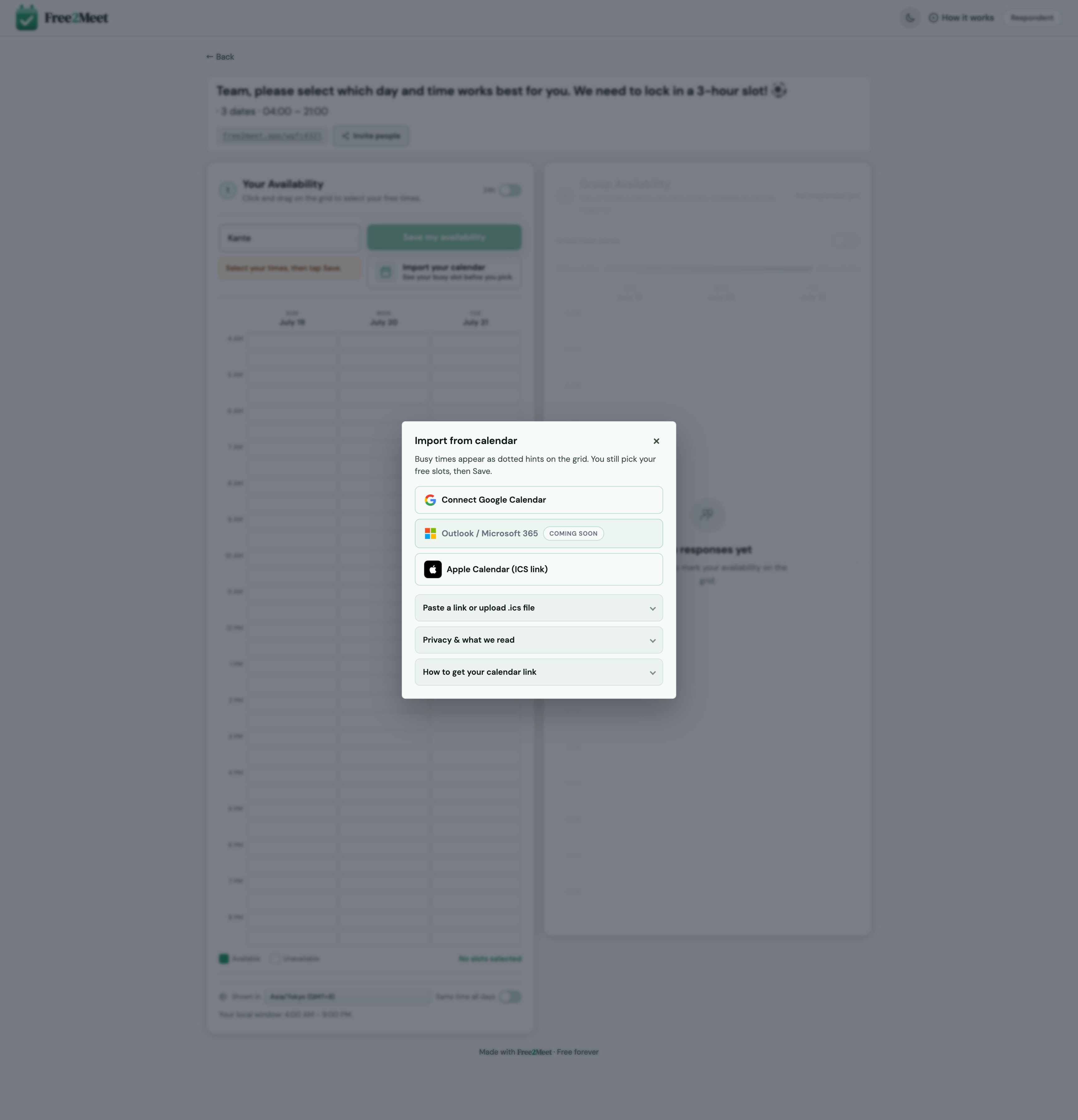 Calendar import modal showing Google and Apple options