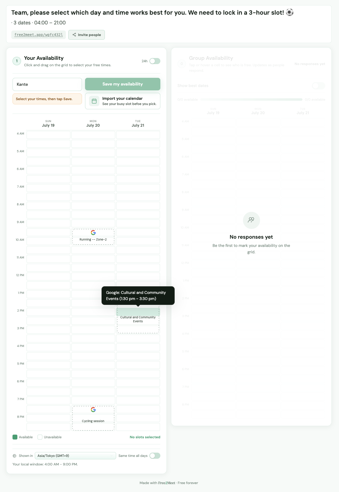 Personal datetime grid with Import your calendar above the availability cells