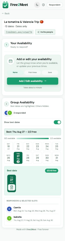 Dates-only scheduling poll on mobile with day tiles and best-date highlight