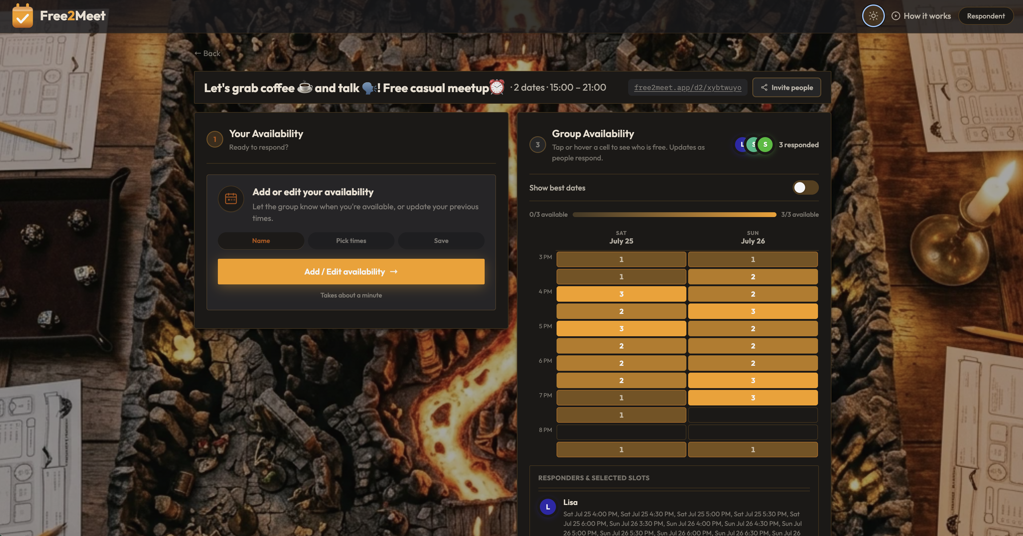 Tactical Battle Map themed Free2Meet home in dark mode at free2meet.app/d2
