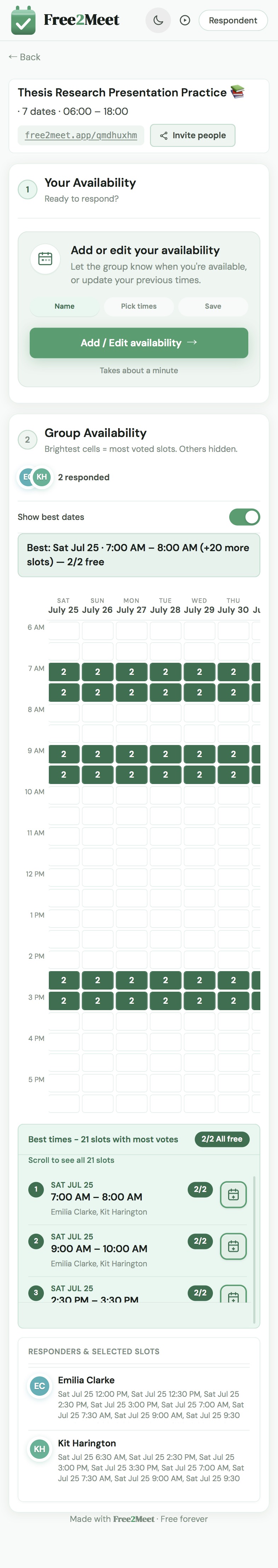 Mobile group heatmap showing overlapping availability counts