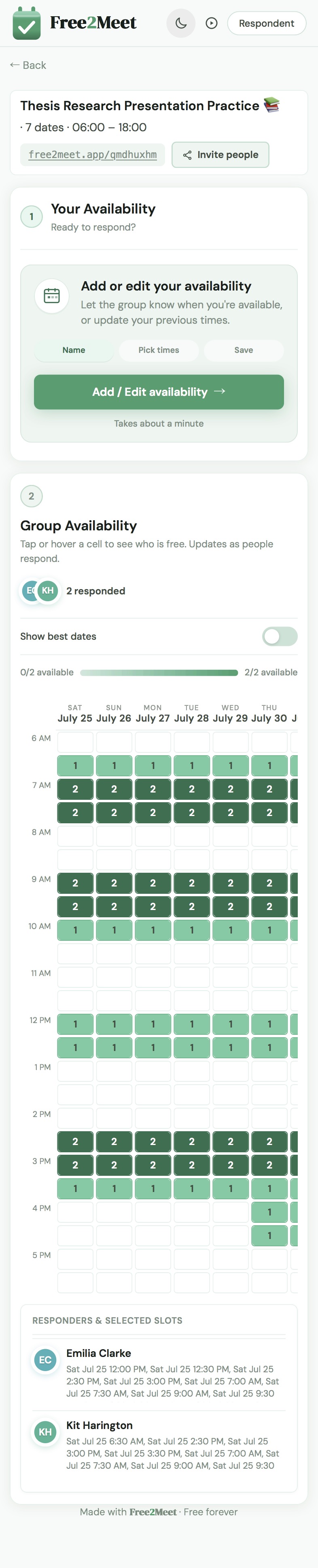 Free2Meet datetime scheduling poll on a phone