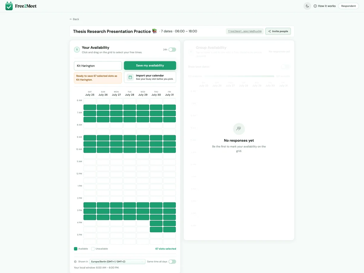 Personal datetime grid while marking free slots