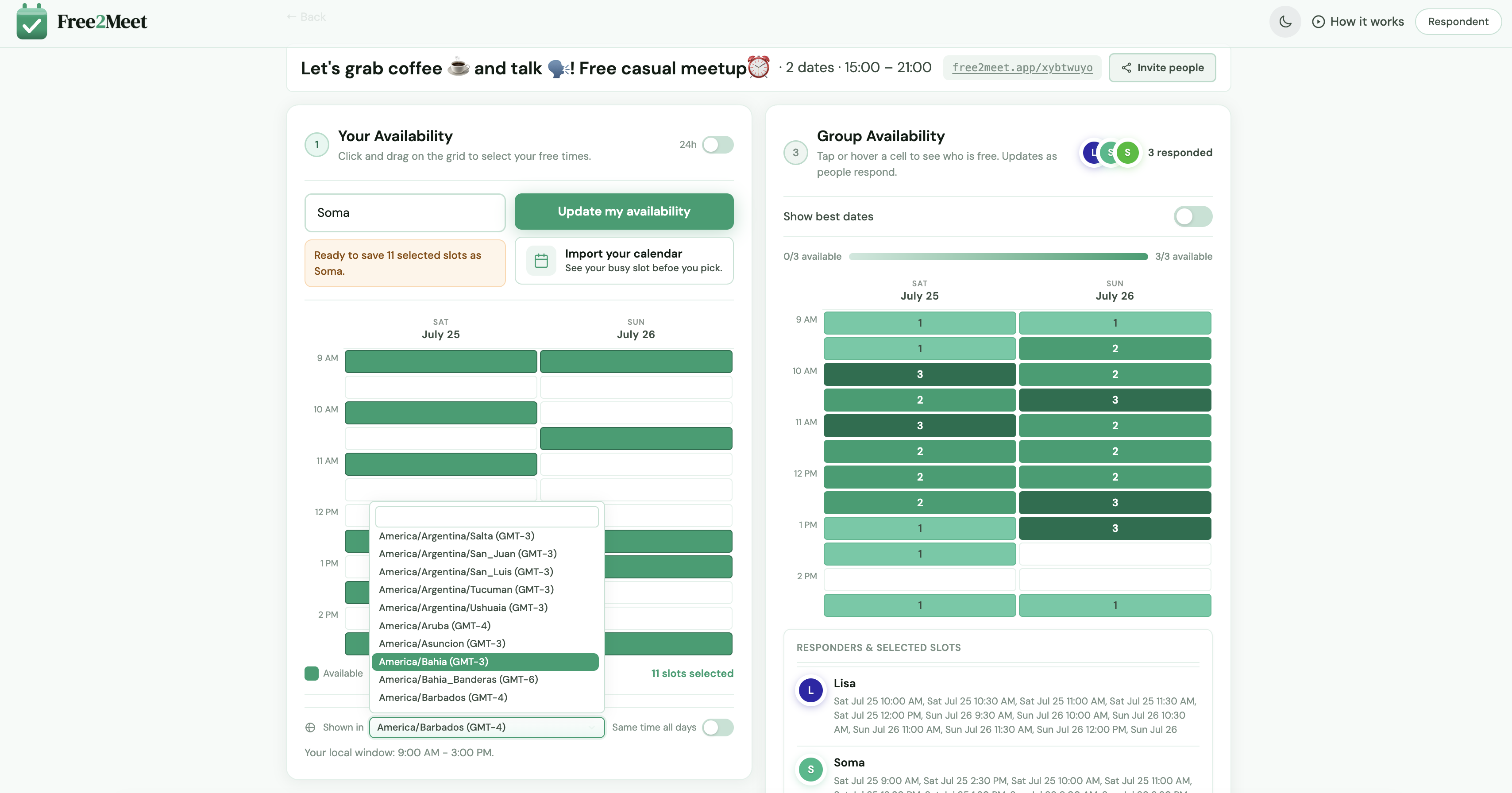 Timezone selector on a Free2Meet scheduling poll