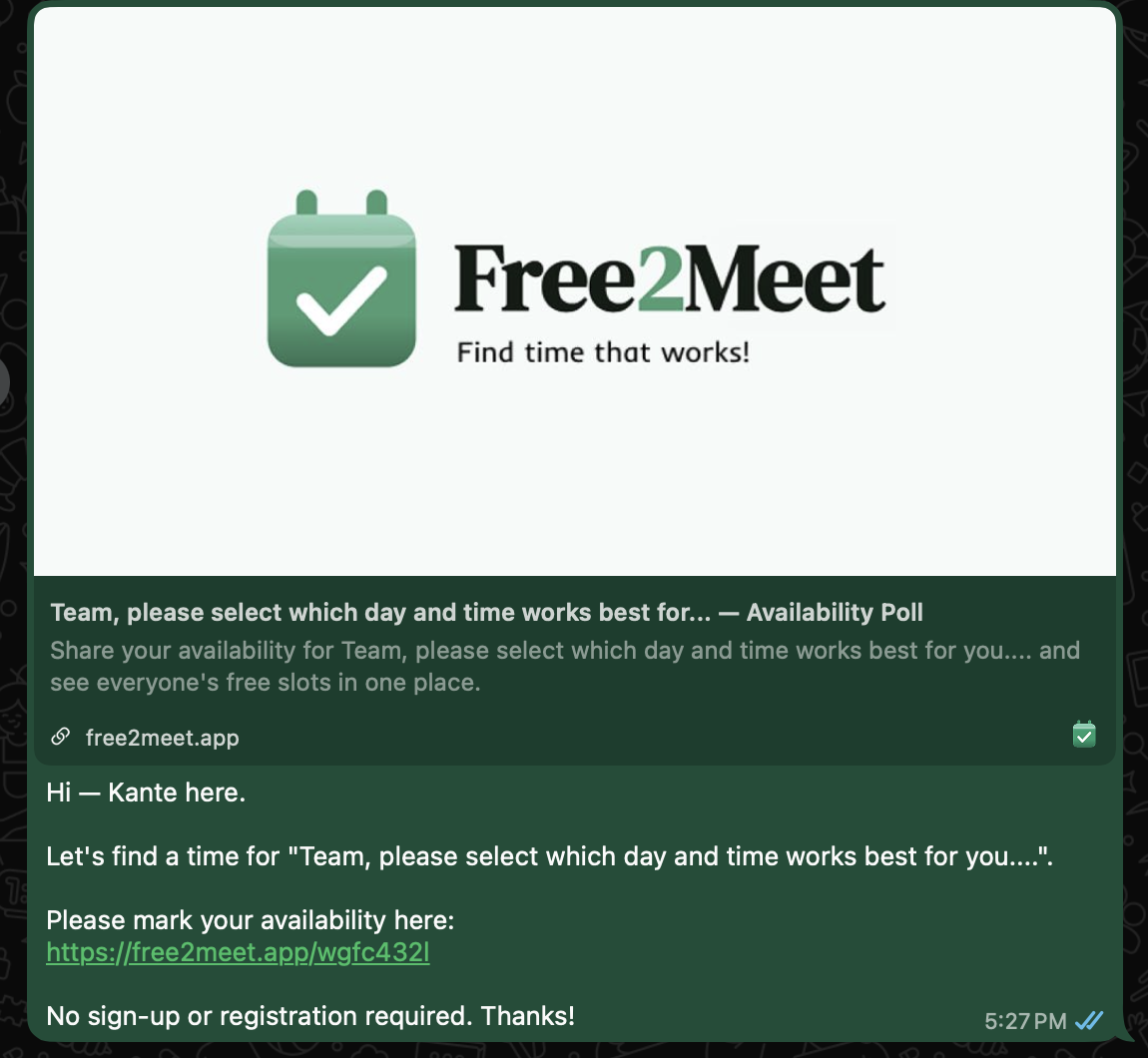 Share modal with WhatsApp button for a group scheduling poll